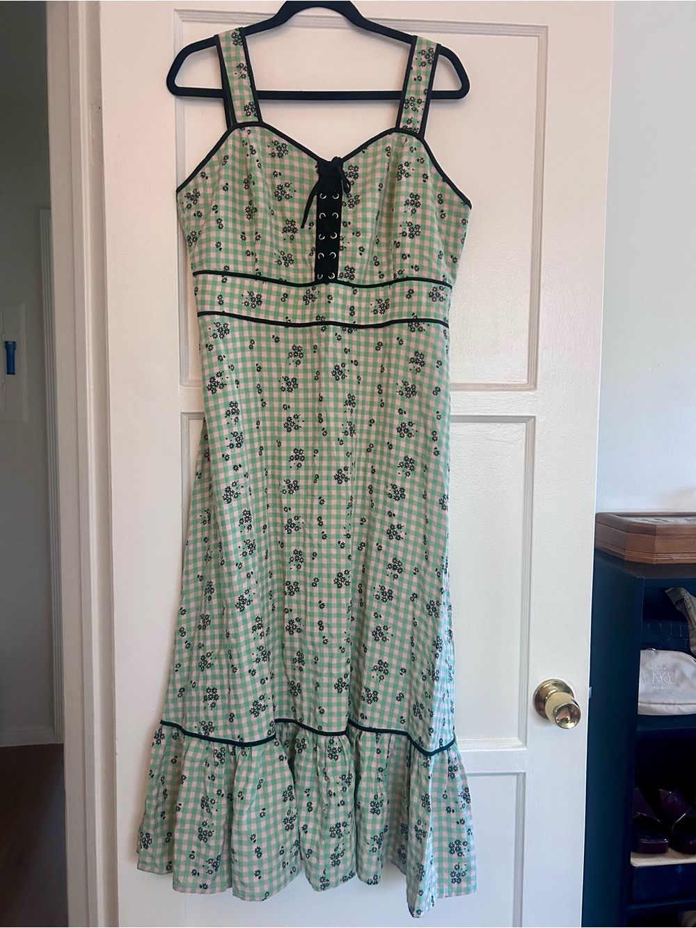 Unique Vintage Green Gingham Floral Midi Dress with Black Trim